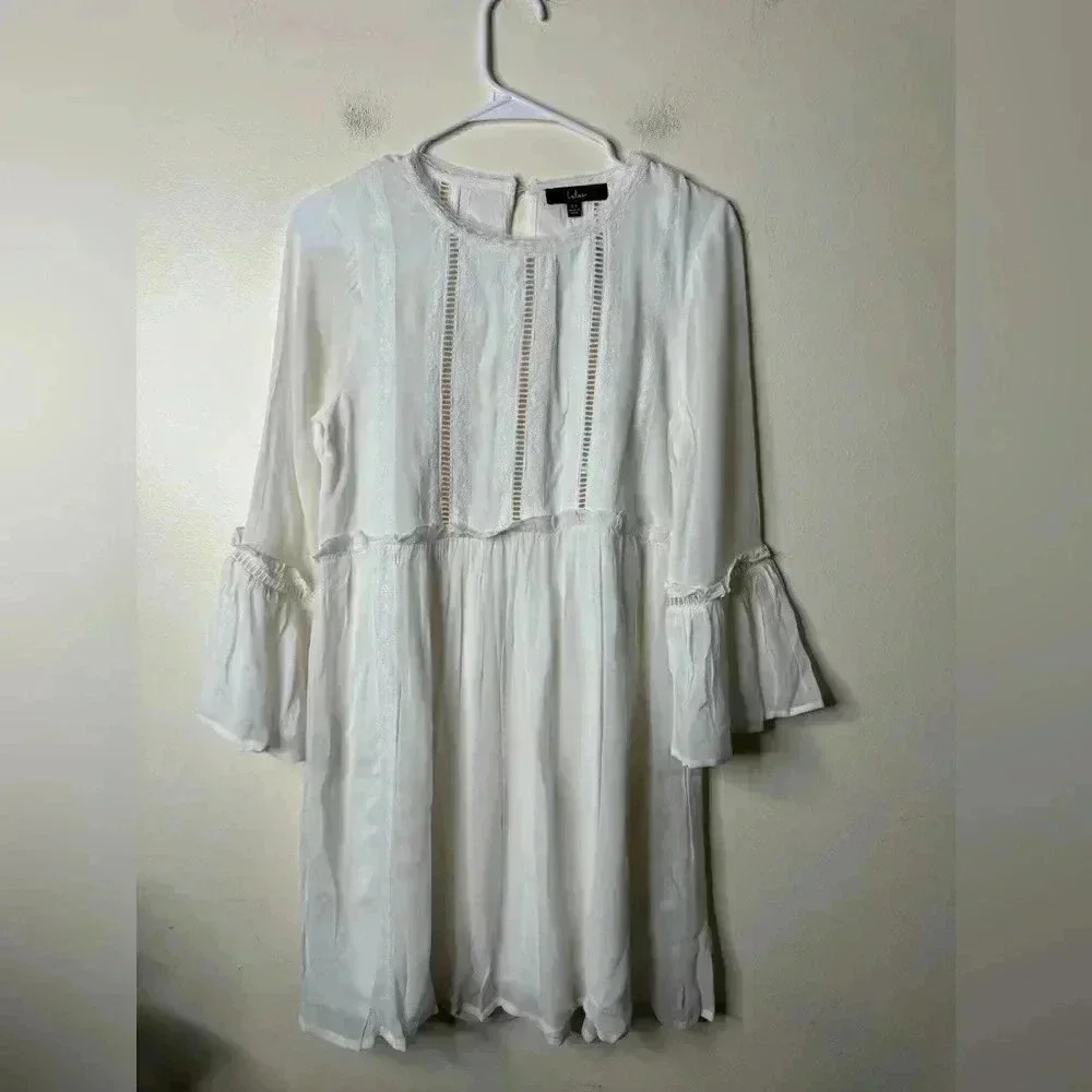 Lulus In the Meadows White Crochet Lace Babydoll Embroidered Trim Dress XS - Picture 5 of 14